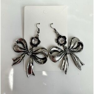 Silver Tone Bow Earrings Rhinestones Drop Dangle Pierced‎ Chunky 2.5" Coquettish